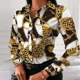 Turn-down Collar Elegant Women Blouse Casual Button Long Sleeve Autumn Tops Blusas Lady Chain Leopard Print Office