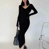 Zingj Simple Bottom-Knitted Dress With V-Collar And Bare Shoulders In A Long Knitted Hip-Bottomed