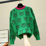 Quality Runway Designer Cat Print Knitted Sweaters Pullovers Women Autumn Winter Long Sleeve Harajuku Sweet