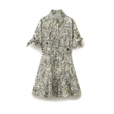 New Printed Lapel Shirt Dress With Belt Cuffs Bow Tie For Women