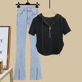 Zingj Slim Hot Girl Top With A Two-Piece Set With Slit Jeans-Outfit