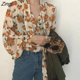 Women Retro Floral Chic Spring Fall Fashion Korean Ladies Blusas Mujer Lace-up Design Soft Female Long Sleeve Top