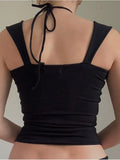 Black Square-neck Halter Tank Top Sexy Slim Pleated Backless Summer Crop Tops 2023 Women Sleeveless Bodycon