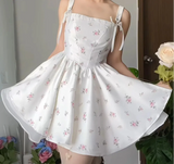 White Floral Print Bow Strap Chiffon Mini Dress-Outfit
