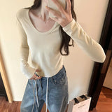 U-Collar Long-Sleeved T-Shirt Women's New Autumn Design Sense Of Niche Slim Bottomed