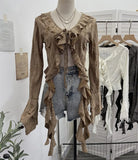 Wasteland Wind Irregularly Drifted With Lotus Leaf Edge Strap With Hole Open Shirt Short Long Sleeves