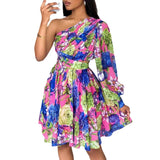 Zingj Women's Bohemian Print Diagonal Shoulder Long Sleeve Middle