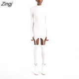 Women Bodycon Slim Mini Dress Solid-Color High-Collar Long-Sleeves Tight-Fitting Dress With Stockings for