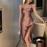 2022 Summer Women Satin Slip Dress Spaghetti Strap Sleeveless Sexy Backless Silk Slit Party Midi