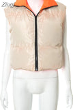 Fashion Autumn Stand Collar Cotton Vests Women Elegant Solid Simple Zipper Coats Women Casual High Waisted Vests
