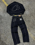 Devil Island Denim Suit High Street Western Denim Jacket Baggy Jeans Trend