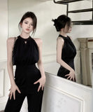 Lady Elegant Hanging Neck Off Shoulder Round Neck Jumpsuit Women's Sleeveless High Waist Slim Fit Wide Leg Jumpsuit