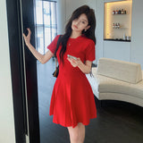 Zingj Shot Summer Bottom A-Shaped Dress 2024 Short-Sleeved New Women's Ice Silk Knitted Dress French Retro