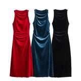 New Velvet Sleeveless Pleated Midi Dress