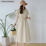 Korean Linen Midi Party Dress Summer V Neck Short Sleeve Elegant Pink Casual Women'S Dresses Clothing
