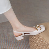 Zingj French Horse Title Buckle Soft Leather Bun Sandals Female Summer Middle Heel Soft Sole Comfortable Square Head Back Empty Thick Heel Single Shoes