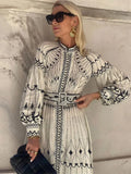 Women Elegant Ink Style Print Midi Dress With Belt Lantern Long Sleeve O-neck Dresses 2024 Chic Lady Casual Vacation