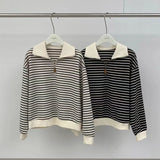 Lapel Sweater Women's Thin Autumn Coat Striped Long-Sleeved Shirt Minority Zipper Polo Shirt Trend In