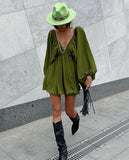 New V-Necked Long-Sleeved Dress Independent Design Bubble Sleeve