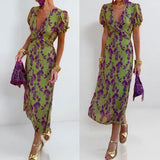 Women's Dress 2025 New Temperament Fashion Print V Collar Folds To The Waist To Repair The Dress
