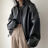 Zingj Wind Chic Autumn Niche Handsome Stand Collar Zipper Large Pocket Design Draw Rope Tie Motorcycle Leather Coat