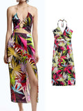 2022 Summer Women Hollow Out Strap Dresses Deep V-neck Elegant Party Dress Backless Casual Female Mid-Calf