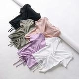 V Neck Cropped Tank Tops Women Drawstring Tie Up Front Camis Candy Colors Streetwear Slim Fit Ribbed Crop Top