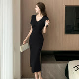 Zingj V-Collar Short-Sleeved Knitted Dress For Women In Summer, A Thin, Tight Waist, Slim, Slim, Medium-Length Hip