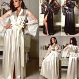 Womens Solid Sexy Silk Satin Lace Long Sleeve Deep V Bathrobe Pajamas Robe Lingerie Sleepwear