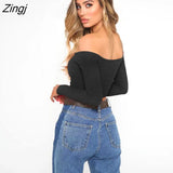 Women's Long Sleeve T-shirt Summer Fashion Casual Sexy Off Shoulder Solid Color Umbilical Exposure Sexy