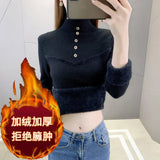 Zingj Velvet Soft Waxy Sweater Female Winter Add Velvet Warm Half Turtleneck Bottom Shirt Female Design Sense Simple Inside The