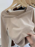 Velvet Bottomed Blouse Women's Autumn And Winter New Design Sense Minority Square Collar Irregular Sanding Western Style Slimming