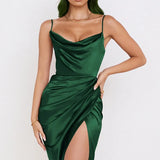 Women Satin Split Dress 2022 Summer Adjustable Strap Swinging Collar Asymmetrical Party Dresses Ladies Backless Club