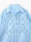 Women's Lapel Hollowed-Out Embroidery Long-Sleeved Single-Breasted Shirt