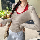 Temperament Pure Desire Design Sense Hanging Neck Vest Micro-Penetration V Tie Bottom T-Shirt Female Spring And Autumn New Two-Piece