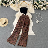 Zingj Girl Set Girl Strapless Strap Short Knit Top Print High Waist Wide Leg Trousers Two-Piece