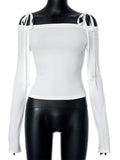 Bow Off Shoulder Skinny Tops for Women Autumn Winter Y2K Fashion Long Sleeve T-shirts Solid Basic Streetwear