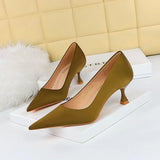 Zingj Korean Version Of Spring And Autumn Fashion Simple Versatile High-Heeled Shoes Wine Glass With High Heel Shallow Pointed Silk Satin Single