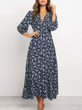 Chiffon Long Dress Floral Print Lantern Sleeve A-line Maxi Vestidos Autumn New Elegant Vintage V Neck Winter
