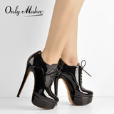 Onlymaker Women's Black Red Platform Ankle Boots High Heels Lace Up Patent leather Stiletto Sexy Lady Fashion Sexy