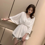 Womens Summer Spring White Women Shirts V-Neck Pleated Batwing Sleeve Ruffles Hipster Girl Elastic Waist Solid Casual