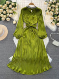 Light And Extravagant Miyake Pleated Long-Sleeved Diamond-Encrusted Vertical Collar Waist Showing Thin Bright Face A-Shaped Dress
