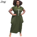 Women Letter Printed African Dress For Women 2023 Summer Short Sleeve O-Neck Dress Casual Loose Maxi Long Dresses