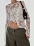 Beach Vacation White Hollow Out Smock Tops Long Sleeve Sexy T-shirts Women Pullover Fashion Knitted Crochet