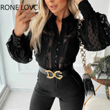 Women Chic Solid Hollow Out Long Lantern Sleeves Button Black Working Blouse