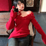 Red 3D Flower Off-Shoulder Long Sleeve Top-Outfit