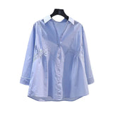 2025 Spring And Autumn New Clad Waist Design Folds Loose Cotton Shirt Women Blue Long-Sleeved