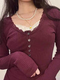 Red Knit Top with Lace Trim and Long