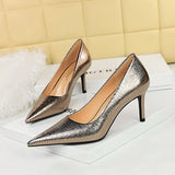 Zingj Retro Banquet Heels With Shallow Pointed Metallic Ultra High Single Shoes Women's