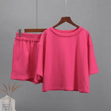 Rose Red Summer Soft Sets Women 2022 100% Cotton Suits Loose Casual 2-Pieces Short T and Shorts Pants Solid